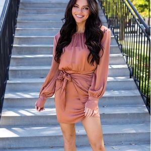 Camel Satin Bow Front Dress